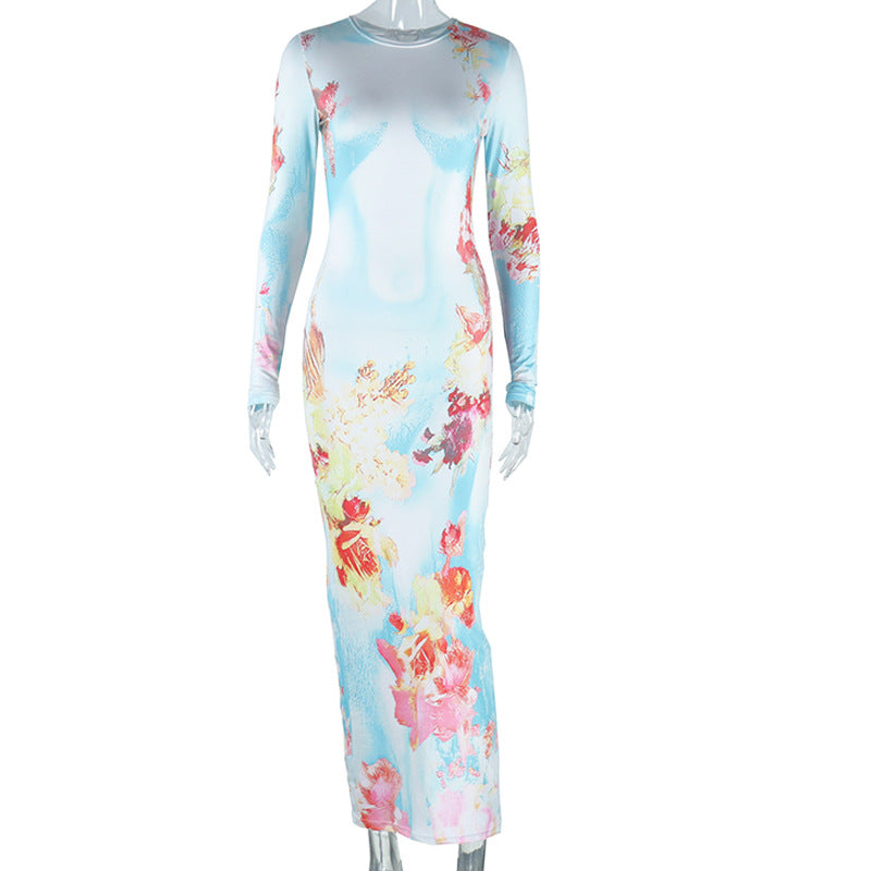 Fashion printed round neck pullover long sleeve hip long skirt street style casual dress for women