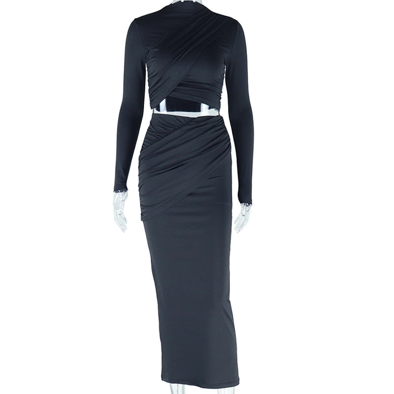 Solid color round neck irregular long sleeve belly-baring top casual skirt two-piece suit trendy women
