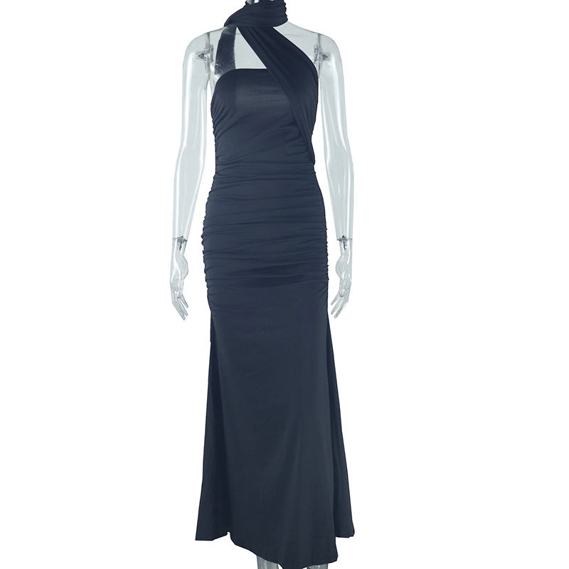 Women's solid color halter neck dress sexy backless ribbon slit temperament long skirt