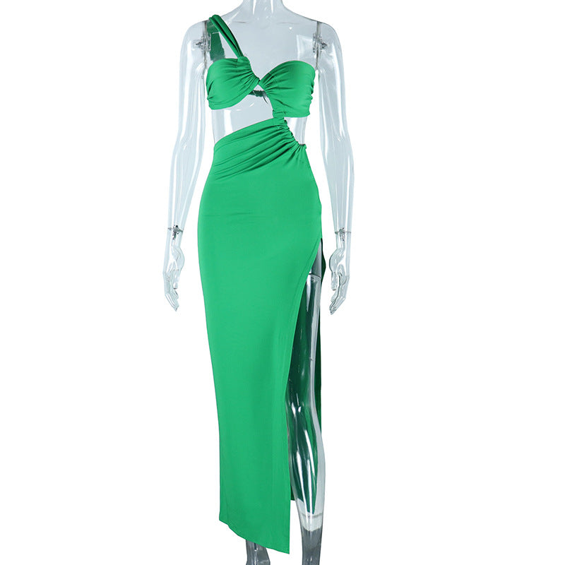 Style off-shoulder dress solid color pullover sexy backless evening dress long celebrity style slit skirt