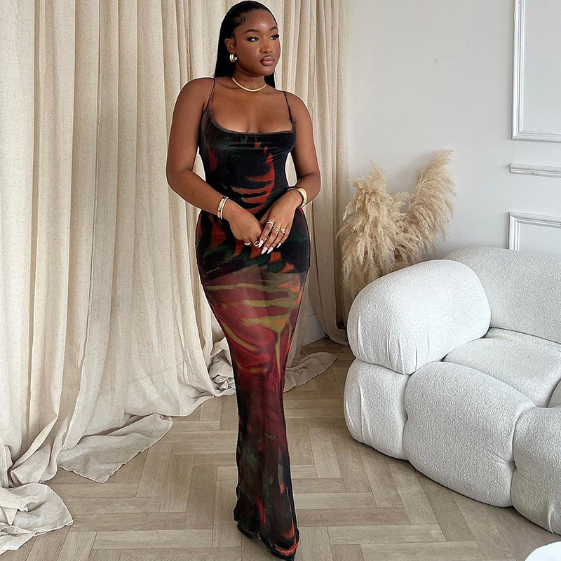 Women's Fashion Printed Dress Sexy Suspender Mesh Sleeveless One Step Skirt Trend