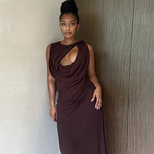 leated hollow solid color tight skirt round neck slit long dress loose elegant trendy women's clothing