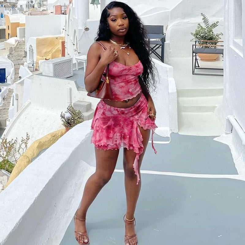Fashion print sexy camisole vest slit skirt two piece suit trendy women