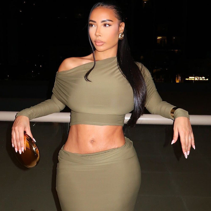 New women's comfortable casual solid color navel-baring long skirt suit long skirt long sleeve oblique collar two-piece suit