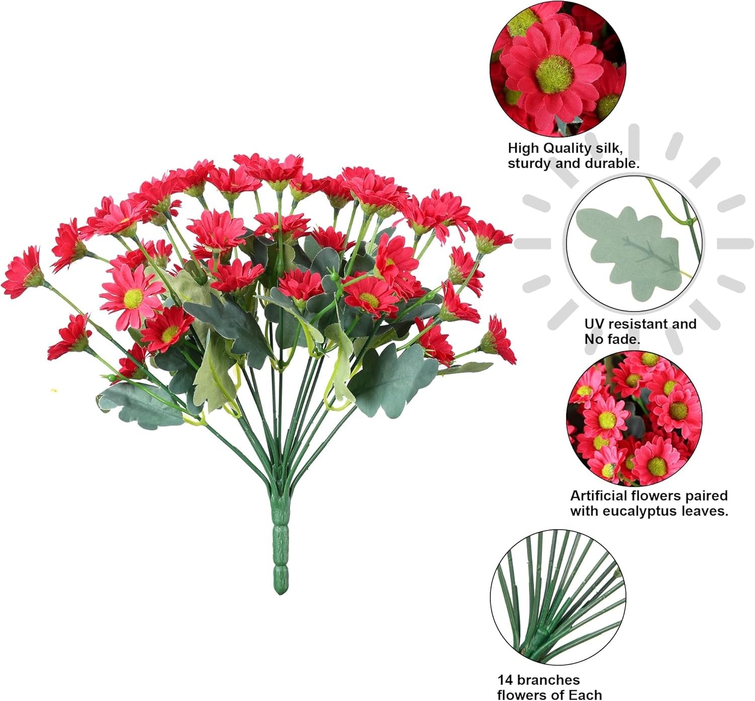 Bouquet of red artificial flowers with eucalyptus leaves on a white background, featuring text about flower qualities.