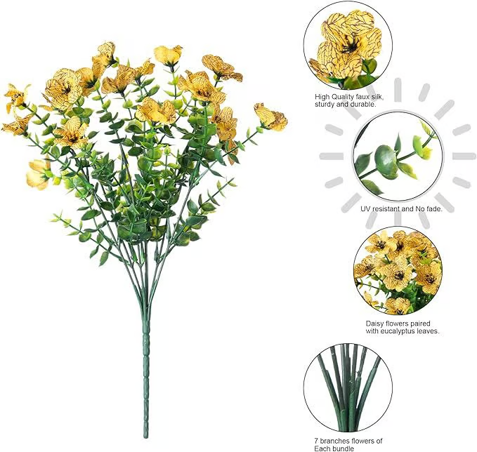 Artificial yellow flowers with green leaves on a white background, featuring durability and design details.