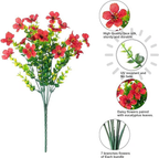 Artificial flower arrangement with red flowers and green leaves, featuring text on quality, durability, and design.