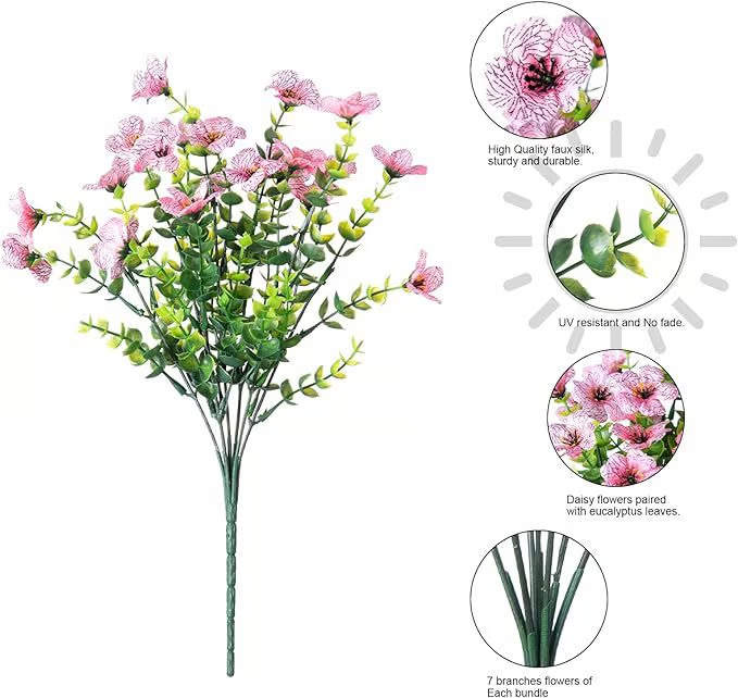 Artificial flower bouquet with pink flowers and green leaves, featuring UV resistance and durability text.