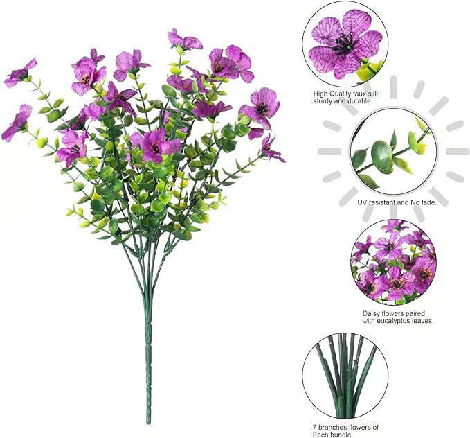 Artificial flower arrangement with purple flowers and green leaves, featuring close-up details on a white background.