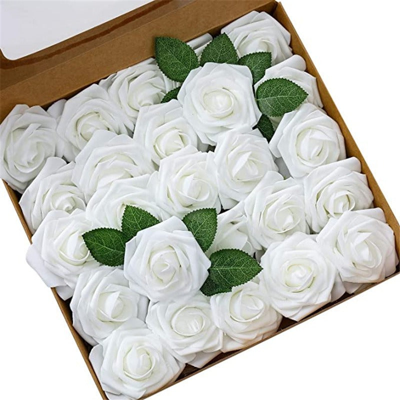 Box of white roses with green leaves on a white background