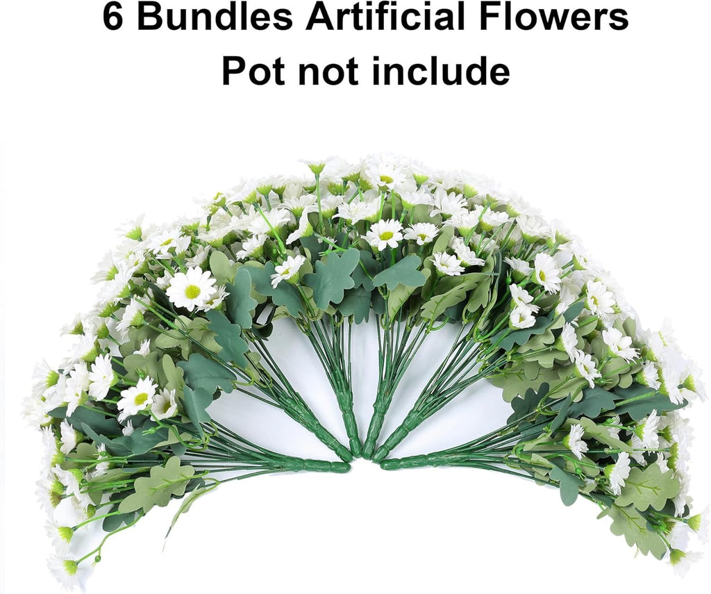 Bundles of artificial flowers with text indicating pots are not included