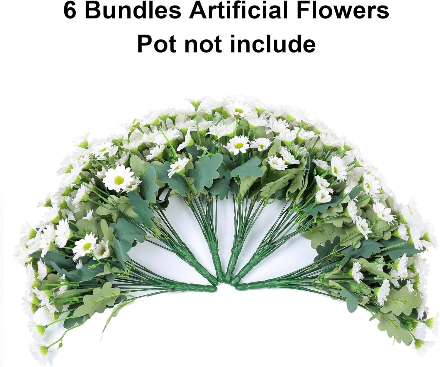 Bundles of artificial flowers with text indicating pots are not included