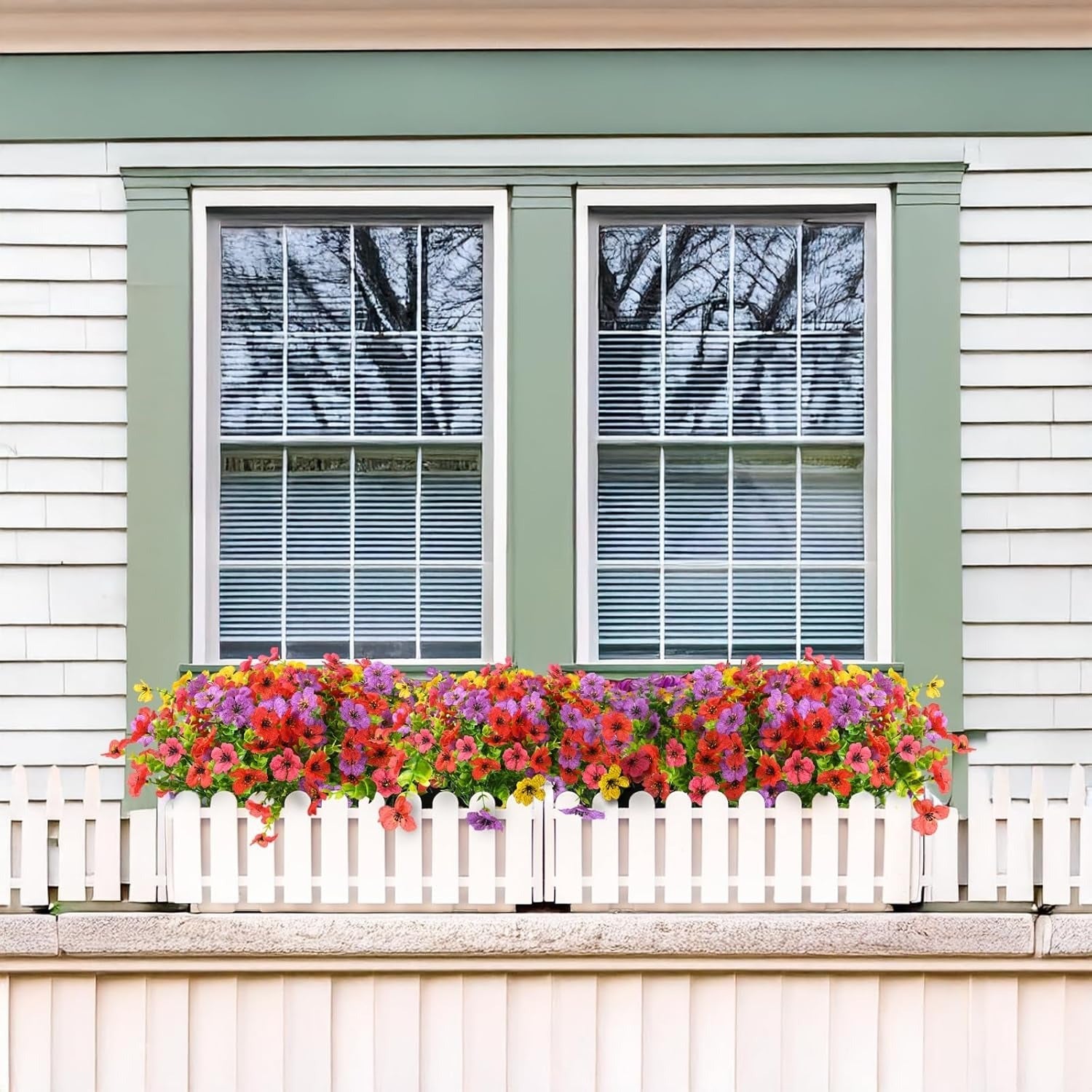 Floral window box on a white picket fence in front of a house with a window.