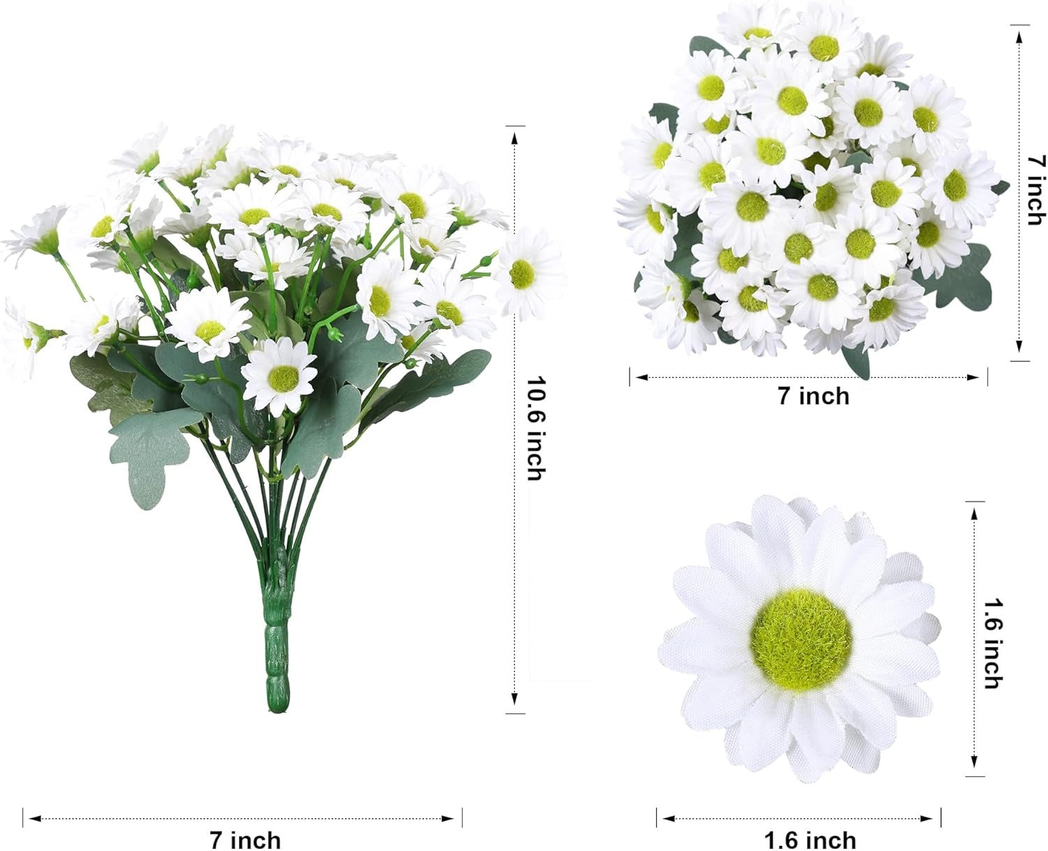 Artificial daisy flower bouquet with measurements on a white background