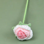 Crocheted flower with pink center and green leaves on a light green background