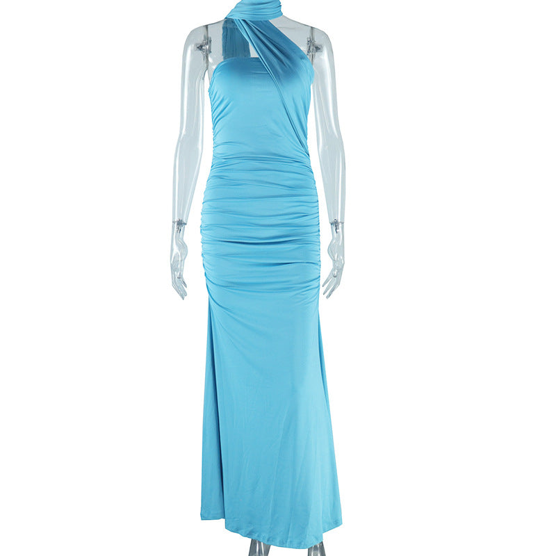 Women's solid color halter neck dress sexy backless ribbon slit temperament long skirt