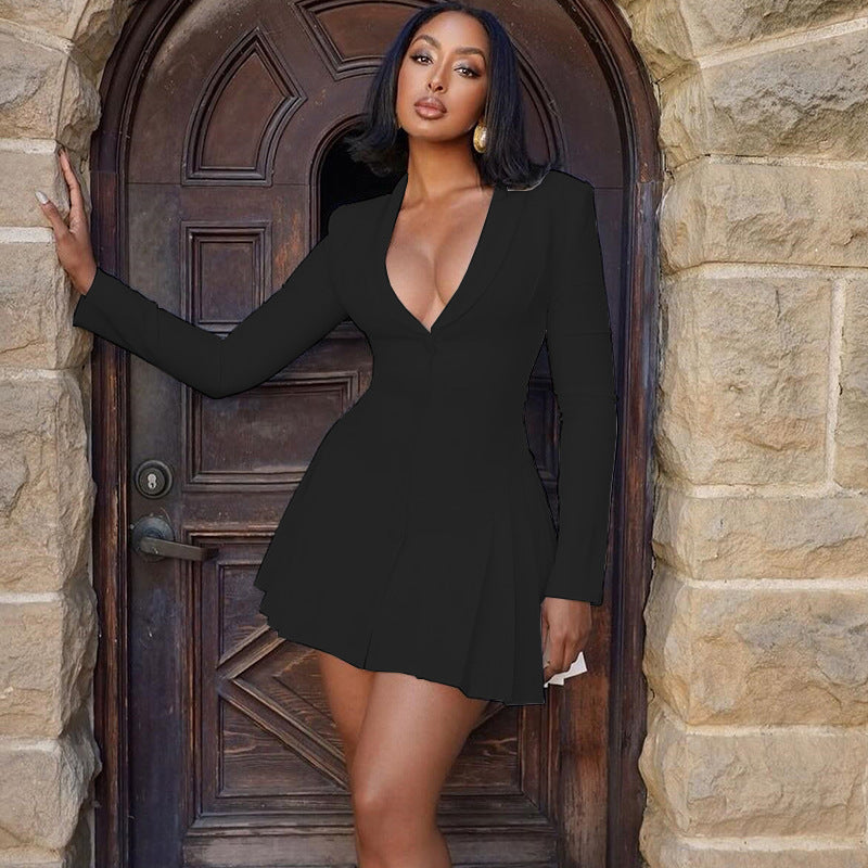 Women's Fashion Sexy Solid Color Single Breasted Pleated Skirt Deep V Long Sleeve Dress