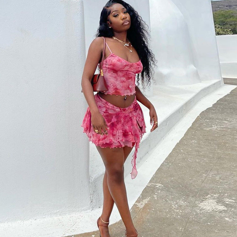 Fashion print sexy camisole vest slit skirt two piece suit trendy women
