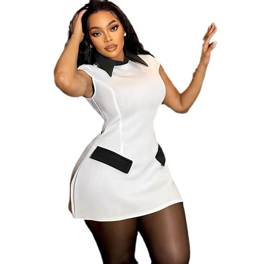 Women's solid color dress short sleeve lapel contrast color pocket contrast color hip-wrapped temperament skirt