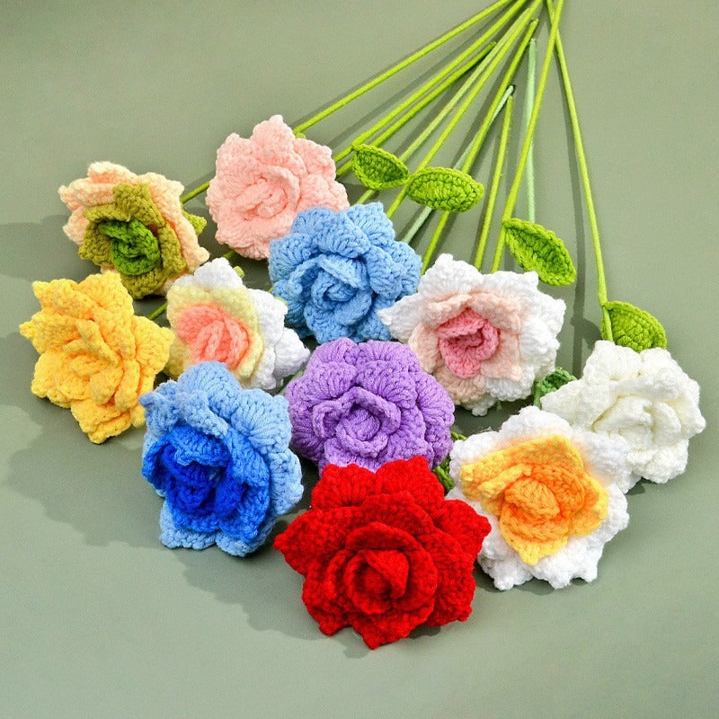 Rose Handmade Crochet Flower without Vase, Flowers Bouquet, Artificial Flower, Gifts for Girlfriend, Fall Room Decor, Decorative Flower for Mom, Friends