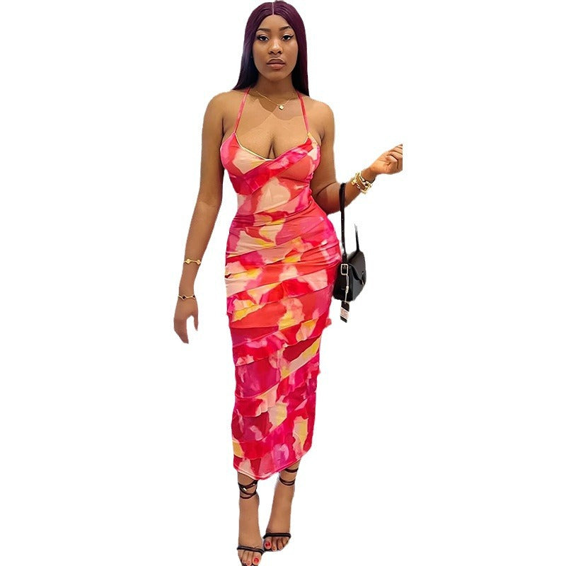 Women's Fashion Printed Sexy Suspender Backless Lace-up Irregular Dress