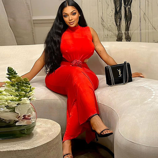 Women's Fashion Solid Color Dress Sexy Round Neck Sleeveless Waist-baring Backless One-Step Long Dress