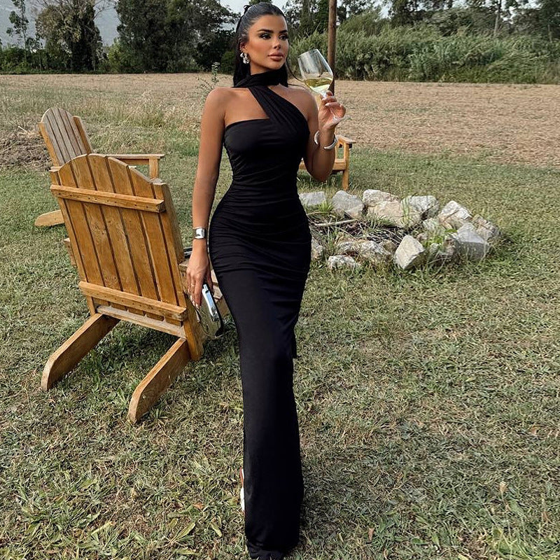 Women's solid color halter neck dress sexy backless ribbon slit temperament long skirt