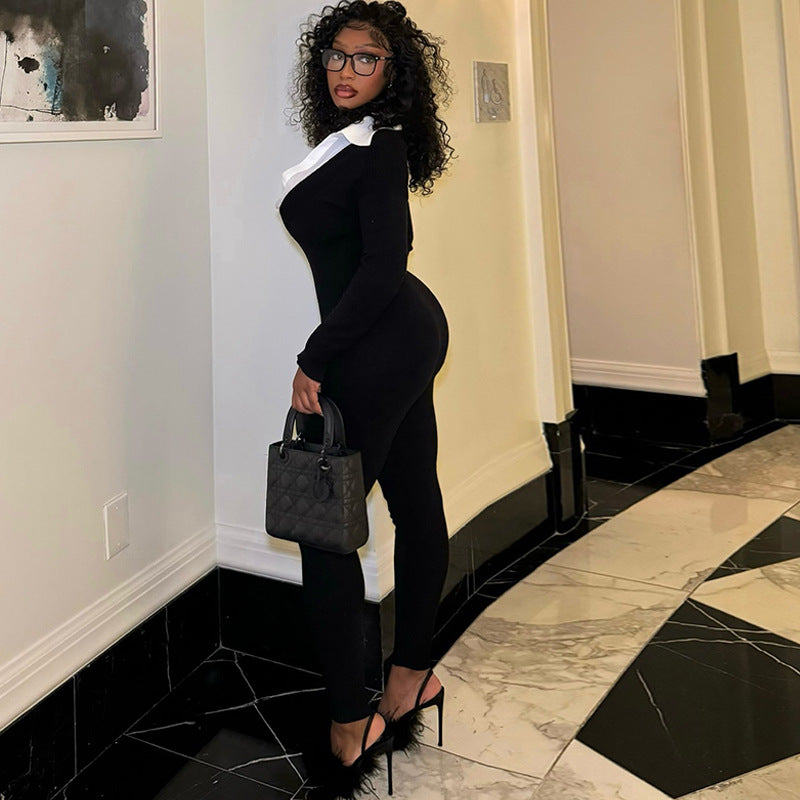Elegant women's sexy tights slim long jumpsuit Zipper long sleeves white U-neck jumpsuit
