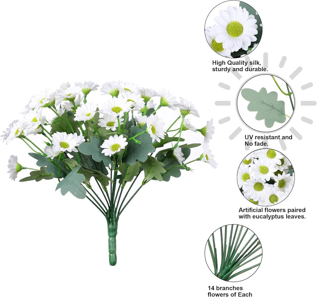 Bouquet of white flowers with green leaves and eucalyptus, featuring text on quality, durability, and features.