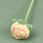 Crocheted peach-shaped object with green stem on a light green background