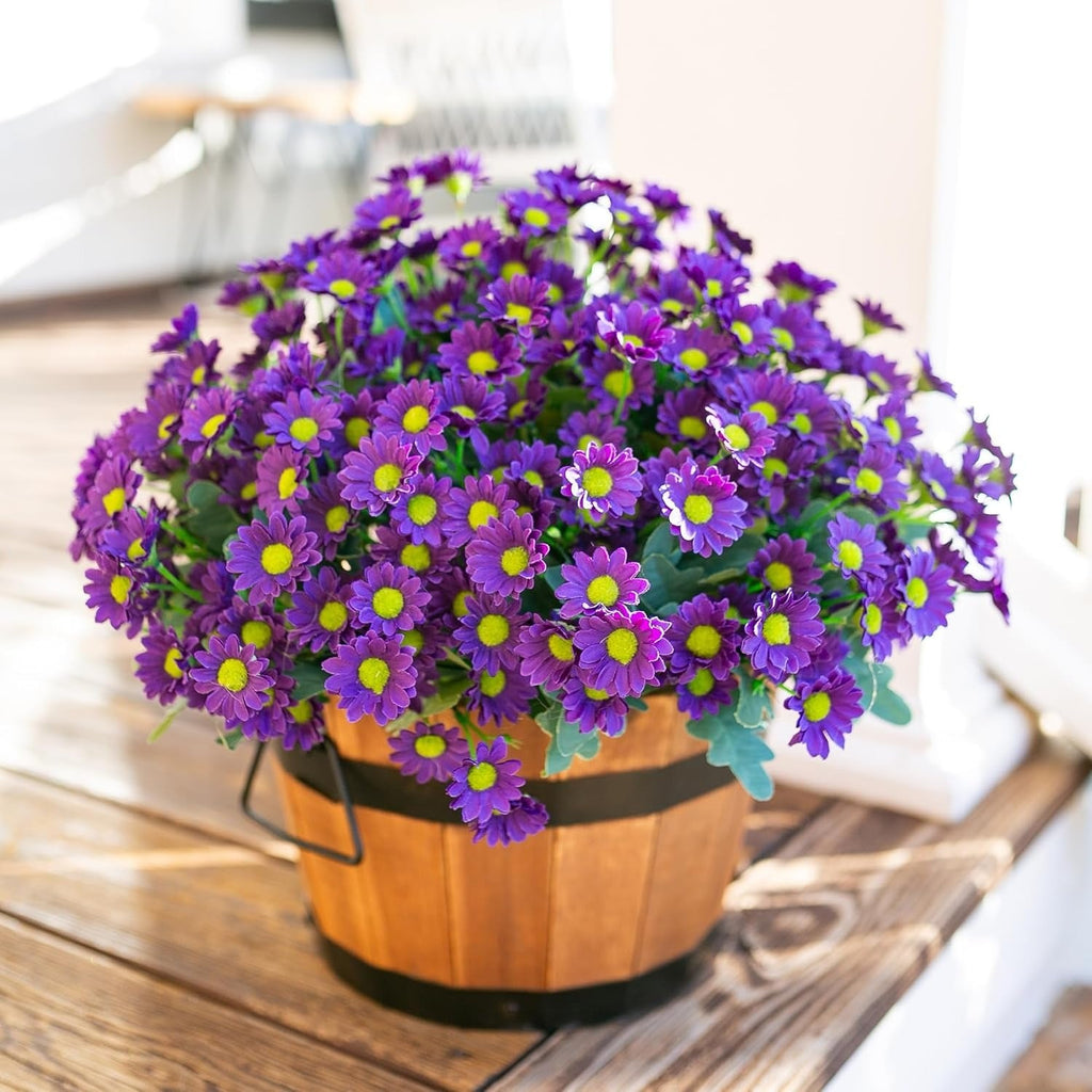 Potted plant with purple flowers on a wooden surface