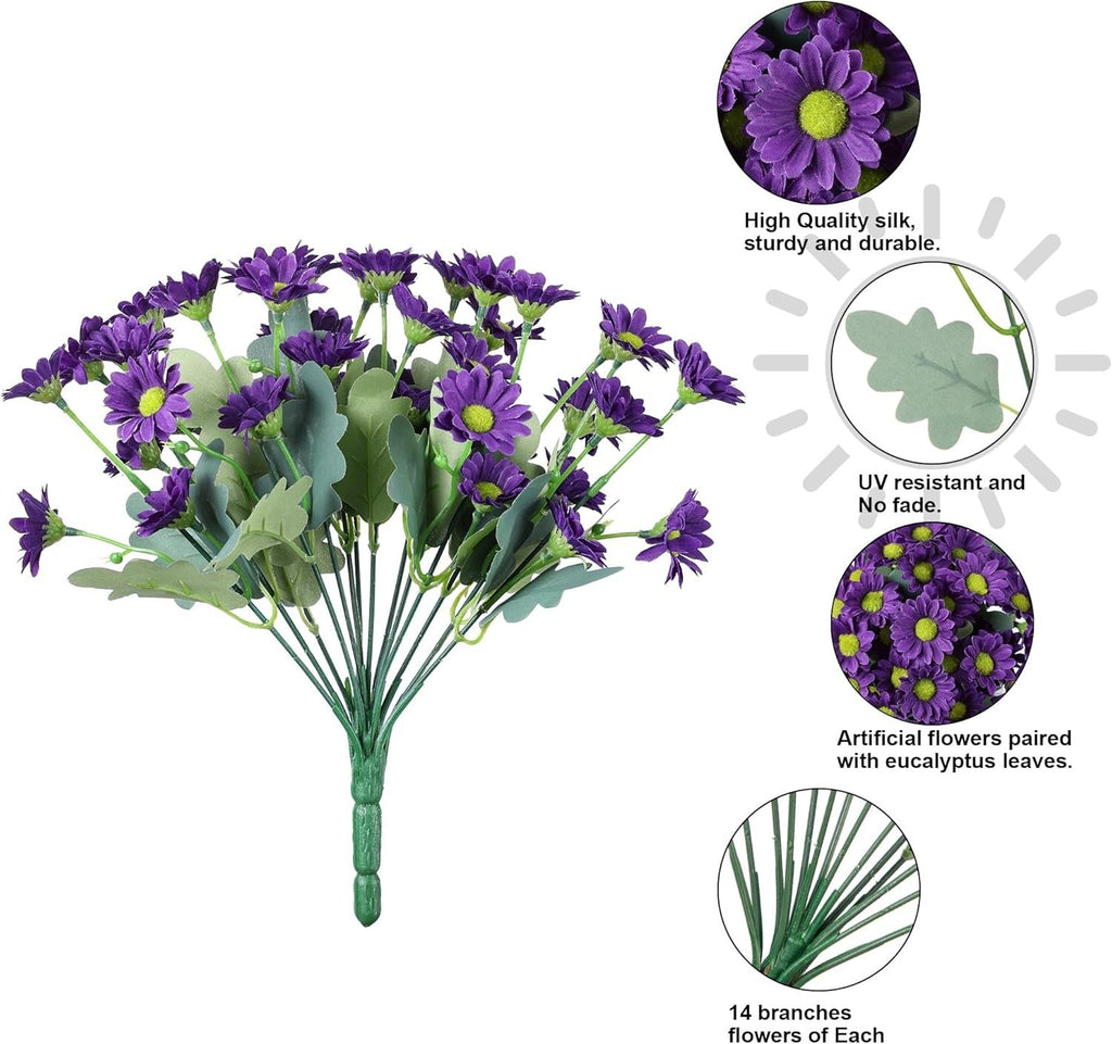 Bouquet of artificial purple flowers with eucalyptus leaves, featuring quality and feature text.