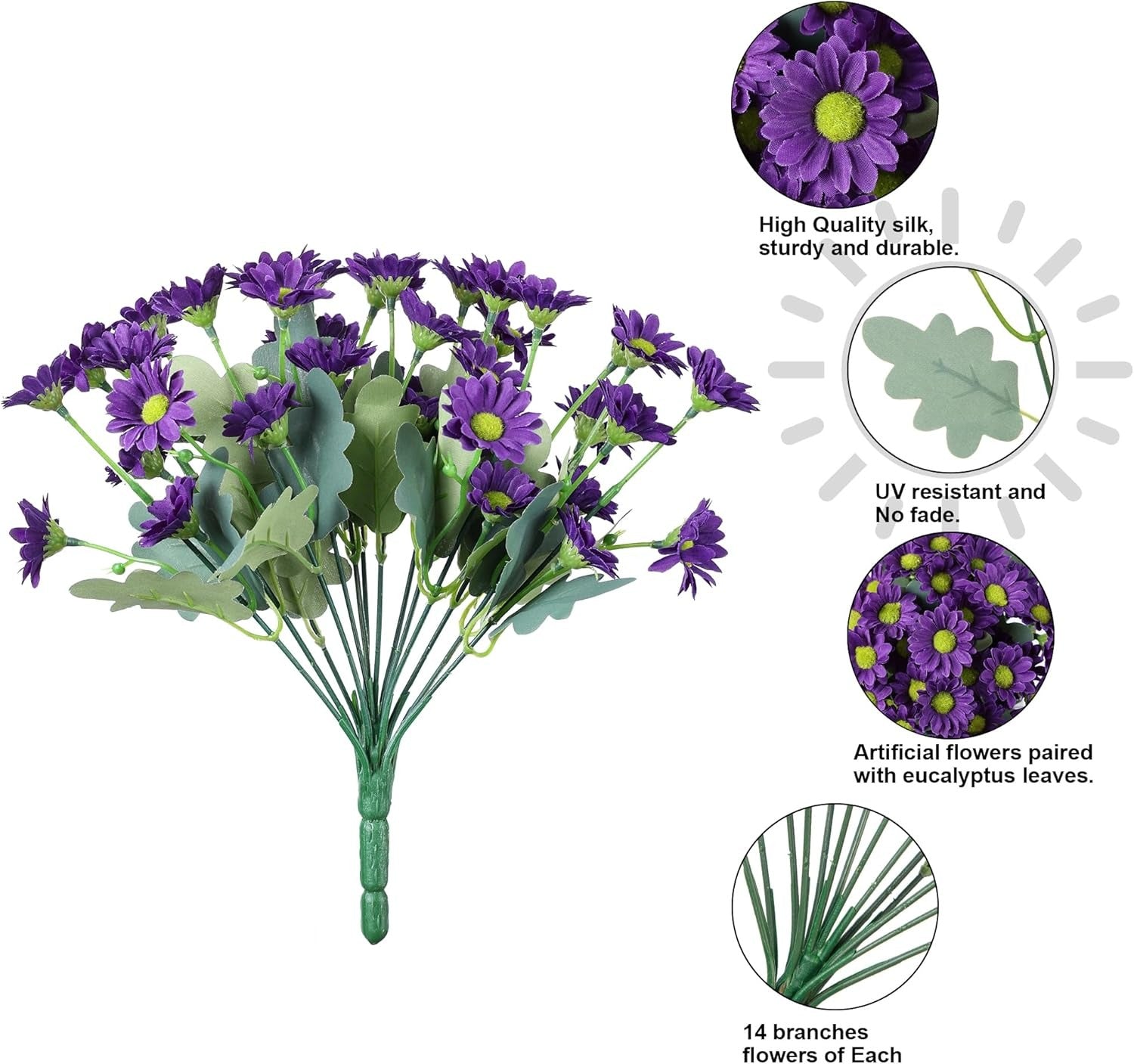 Bouquet of artificial purple flowers with eucalyptus leaves, featuring quality and feature text.