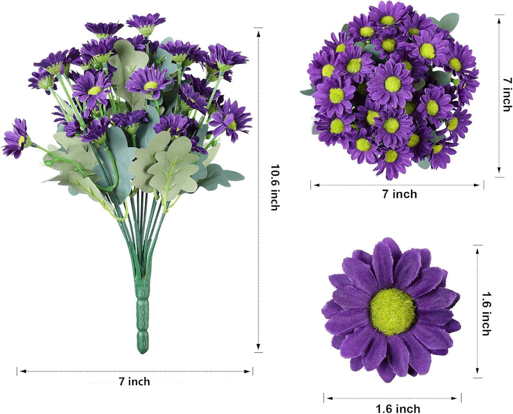 Purple artificial flowers with measurements on a white background