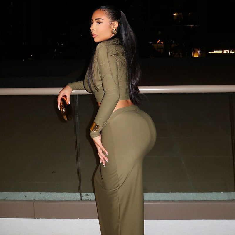 New women's comfortable casual solid color navel-baring long skirt suit long skirt long sleeve oblique collar two-piece suit