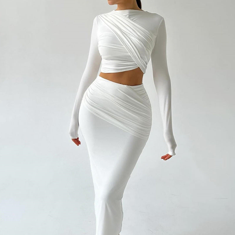 Solid color round neck irregular long sleeve belly-baring top casual skirt two-piece suit trendy women