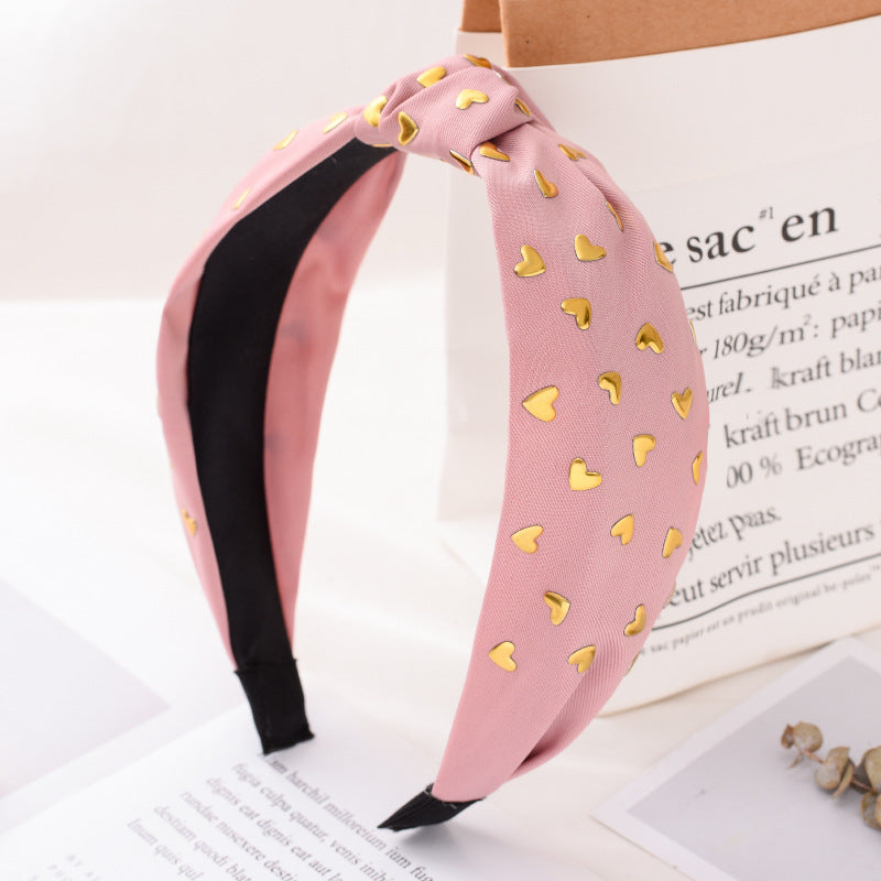 Gold heart sequined headband, ladies' stylish hair accessories, solid color fabric middle knotted headband for women