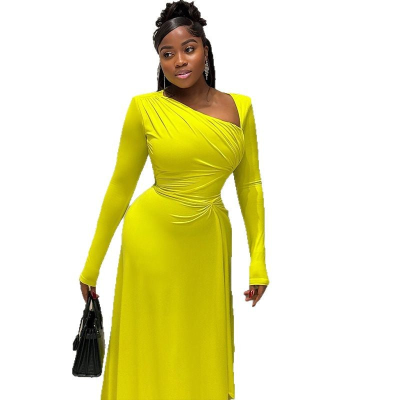 Elegant temperament women's slim fit pleated irregular skirt solid color long sleeve oblique collar long dress