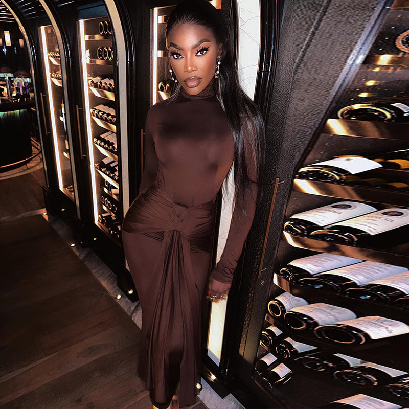 Women's solid color round neck long sleeve dress mid-waist tie ribbon temperament skirt