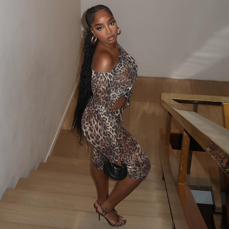 Fashion women's leopard print micro-transparent pants suit asymmetrical off-shoulder long-sleeved top mid-length pants two-piece suit