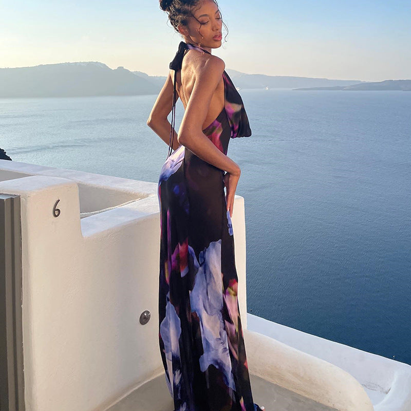 Women's new digital printing sexy draped collar long mid-length dress