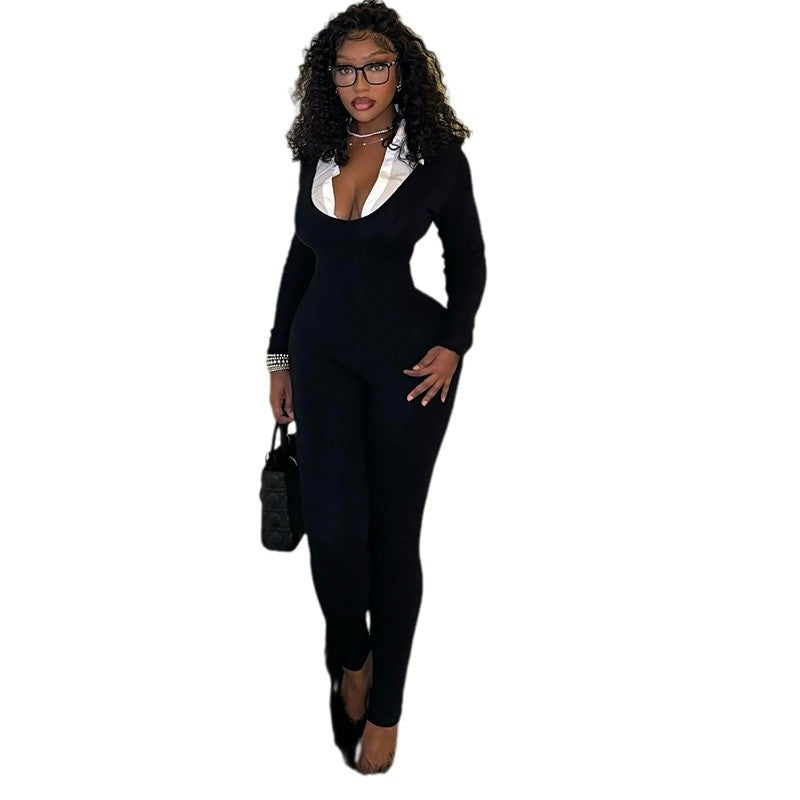 Elegant women's sexy tights slim long jumpsuit Zipper long sleeves white U-neck jumpsuit