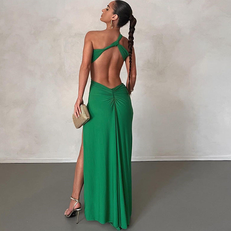 Style off-shoulder dress solid color pullover sexy backless evening dress long celebrity style slit skirt
