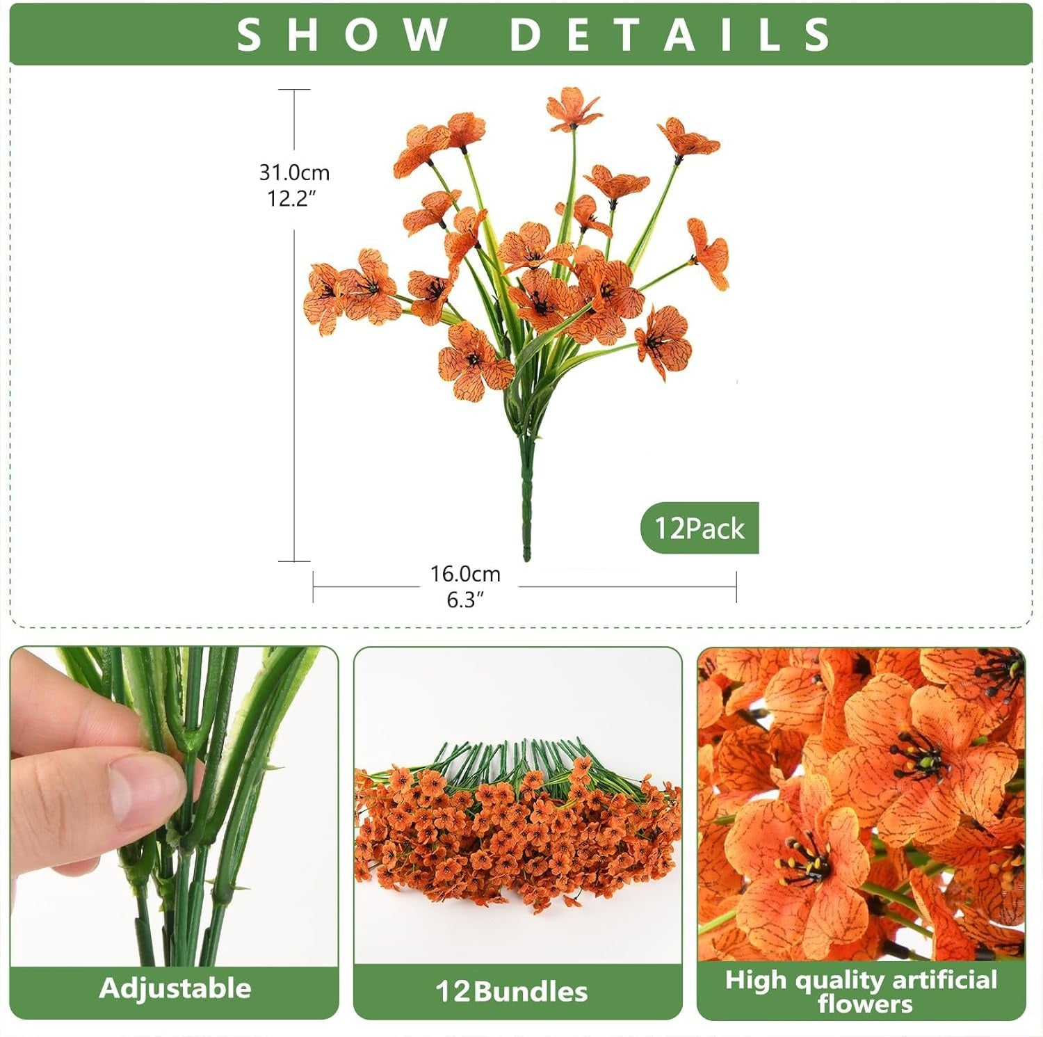 Orange artificial flowers with measurements and packaging details on a white background