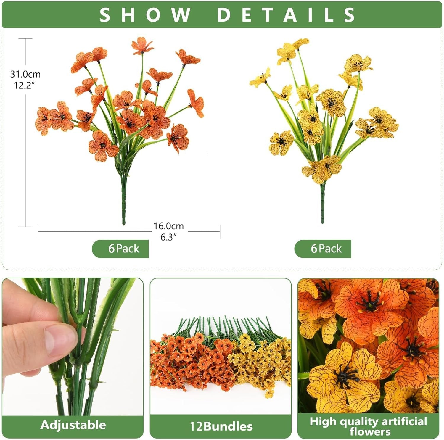 Artificial flowers with measurements and packaging details on a white background