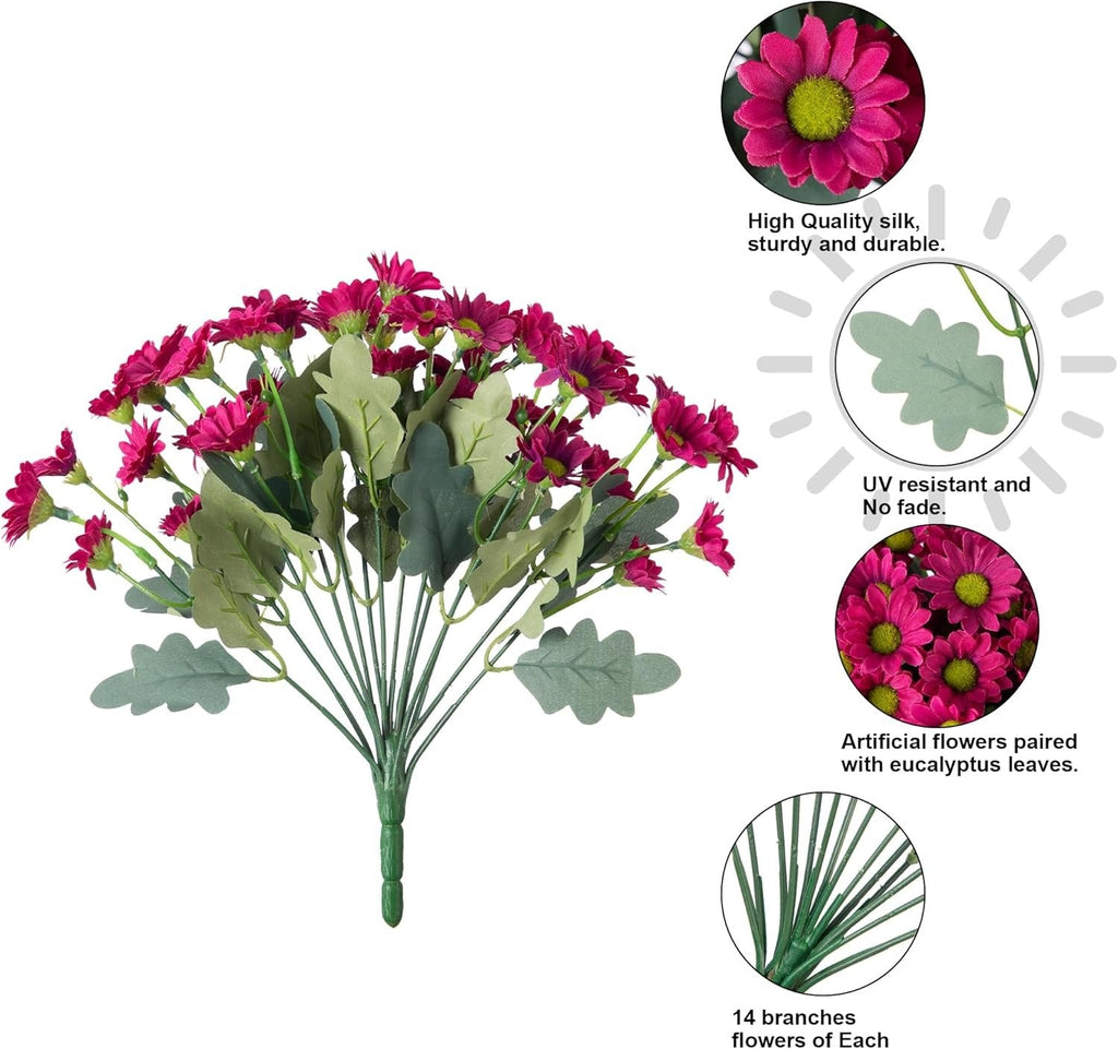 Bouquet of artificial pink flowers with green leaves on a white background, featuring text about flower qualities.