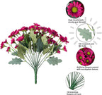 Bouquet of artificial pink flowers with green leaves on a white background, featuring text about flower qualities.