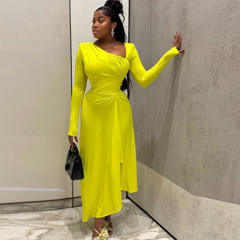 Elegant temperament women's slim fit pleated irregular skirt solid color long sleeve oblique collar long dress