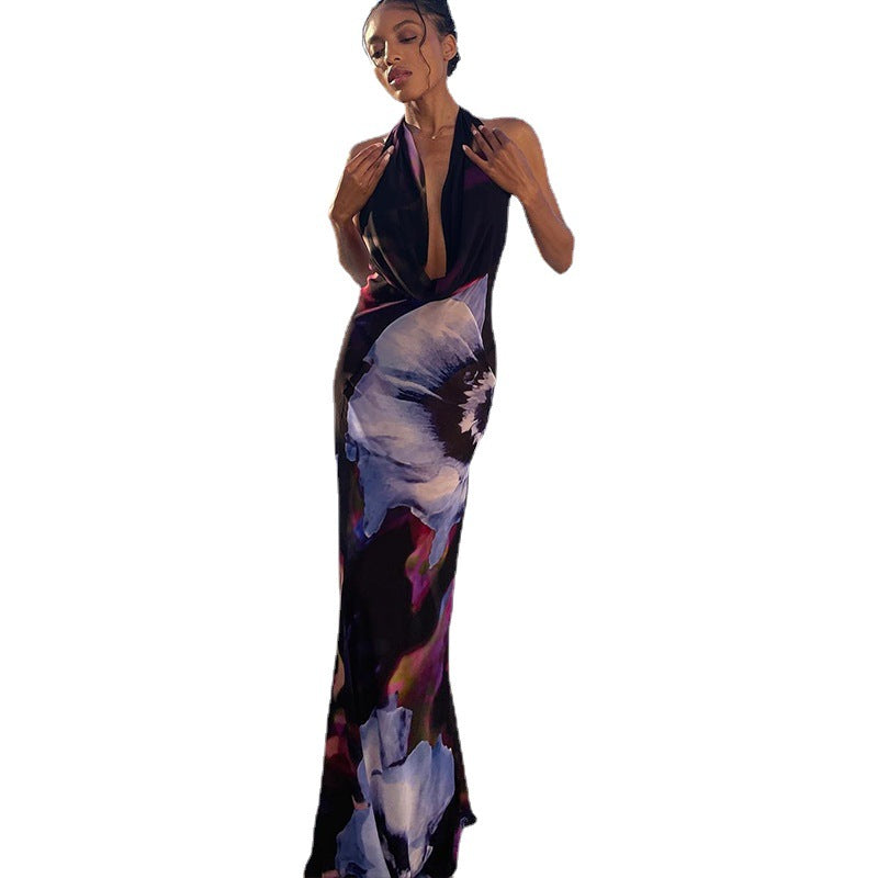 Women's new digital printing sexy draped collar long mid-length dress