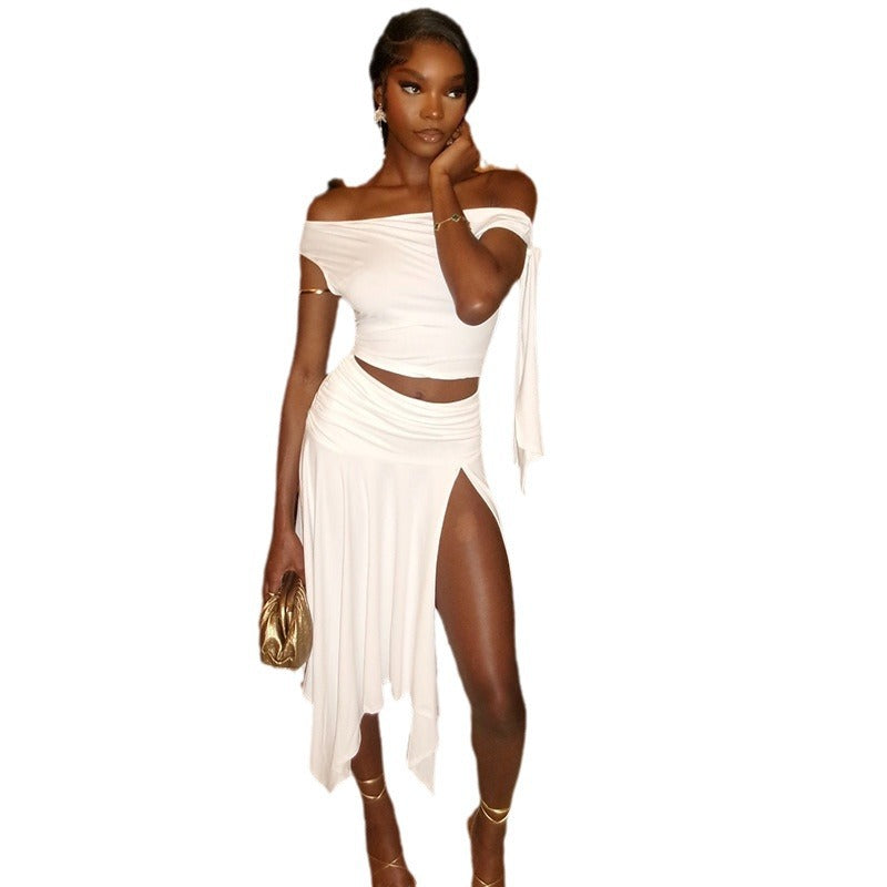 Women's solid color skirt suit sexy sleeveless one shoulder top slit skirt